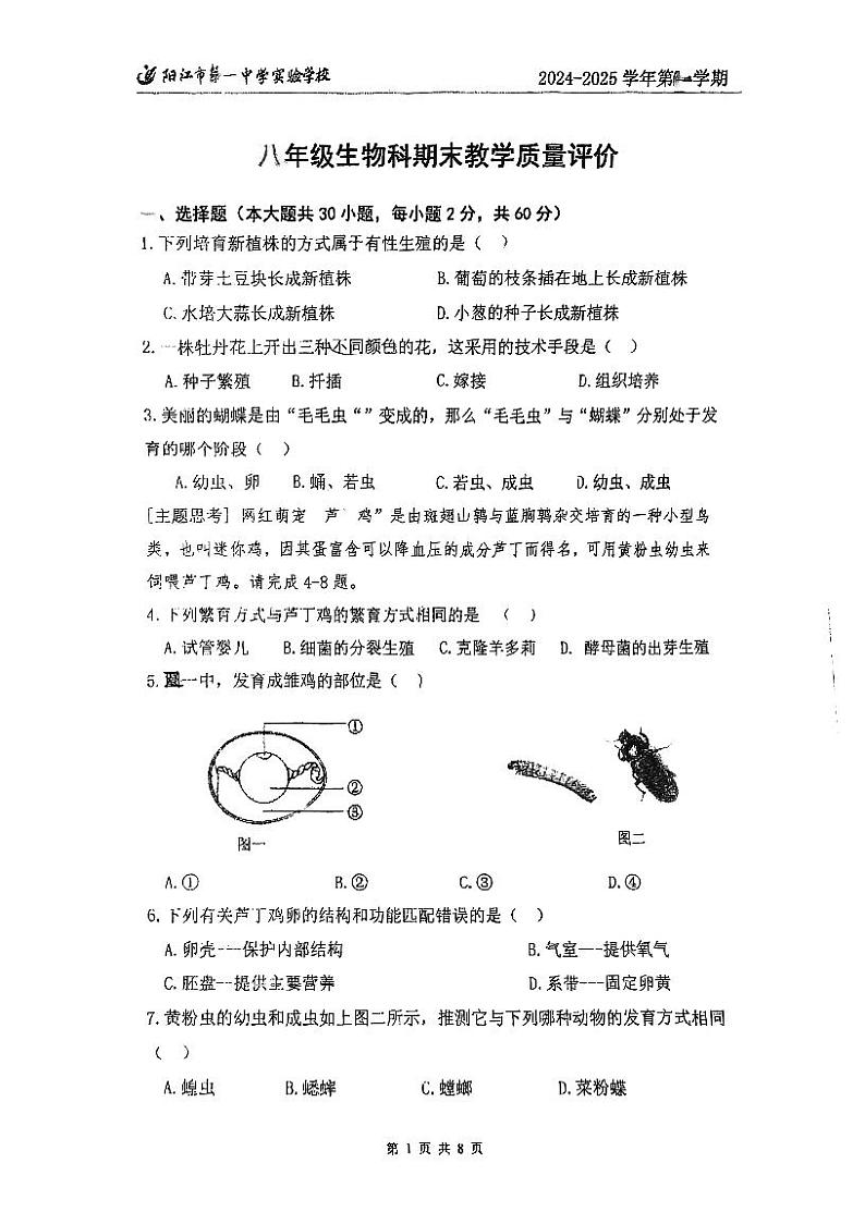 广东省阳江市第一中学实验学校2024-2025学年八年级上学期期末考试生物试题第1页