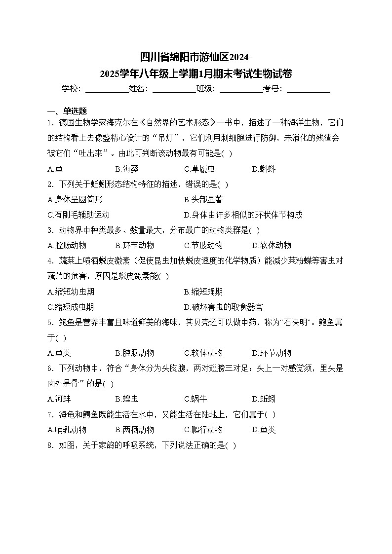 四川省绵阳市游仙区2024-2025学年八年级上学期1月期末考试生物试卷(含答案)第1页