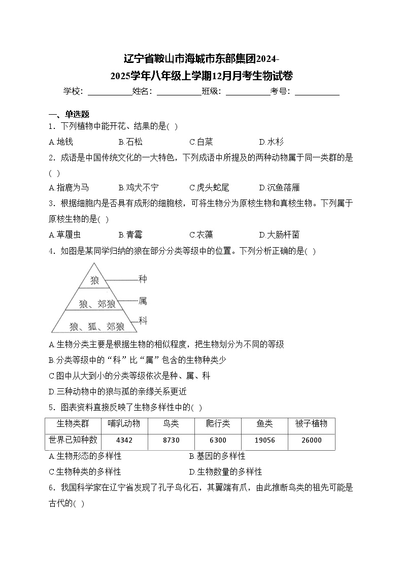 辽宁省鞍山市海城市东部集团2024-2025学年八年级上学期12月月考生物试卷(含答案)