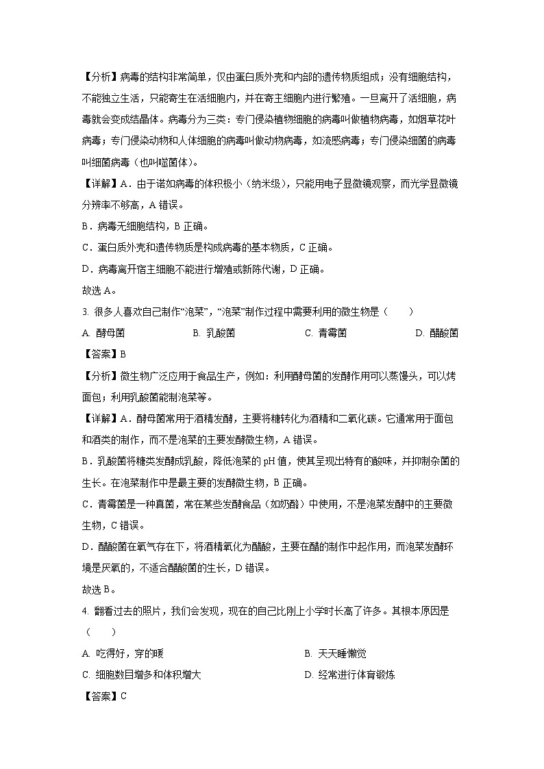 2024-2025学年安徽省芜湖市南陵县七年级上学期期末生物试卷(解析版)第2页