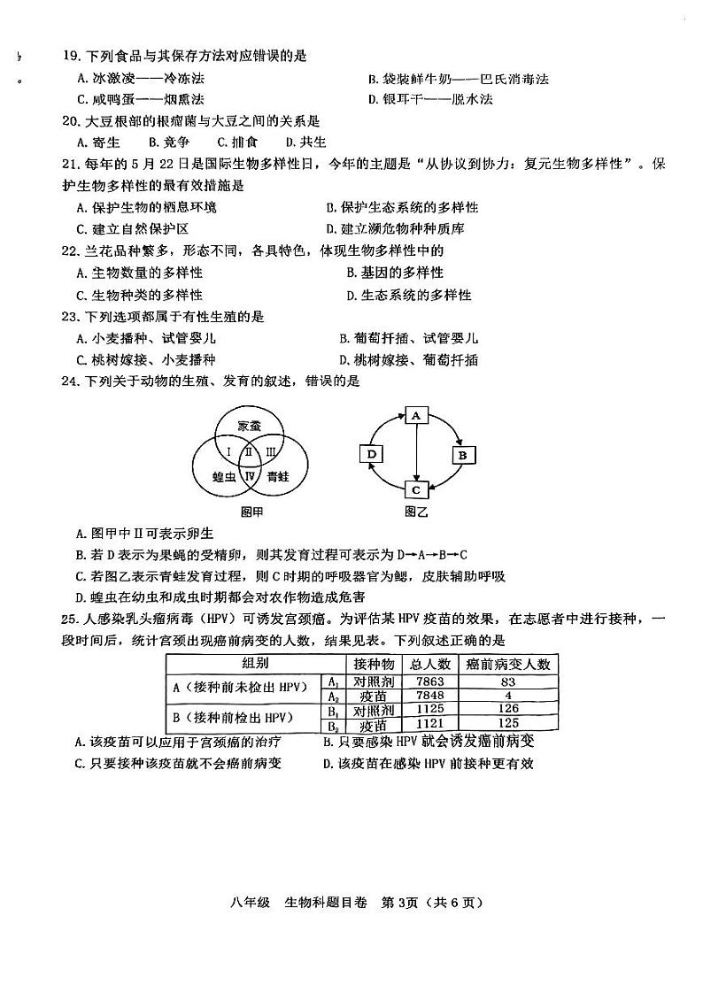 福建省福州文博中学2024-2025学年八年级上学期期末生物试卷第3页