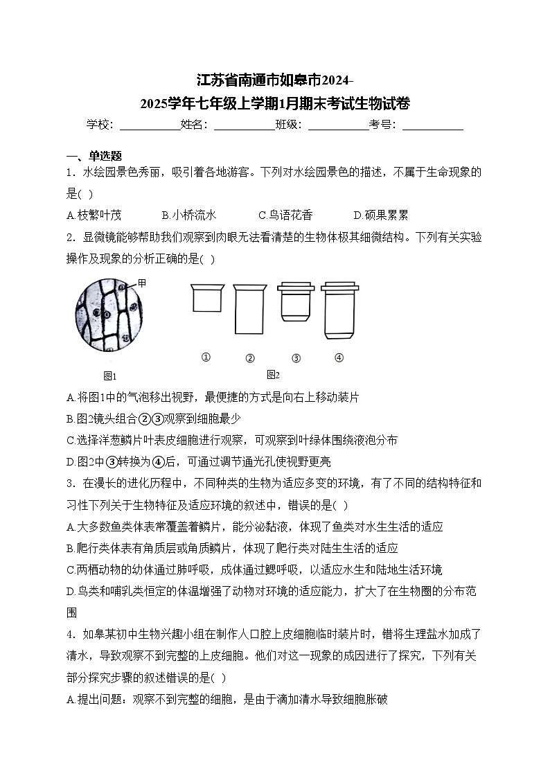 江苏省南通市如皋市2024-2025学年七年级上学期1月期末考试生物试卷(含答案)第1页