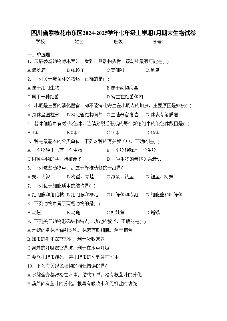 四川省攀枝花市东区2024-2025学年七年级上学期1月期末生物试卷(含答案)第1页