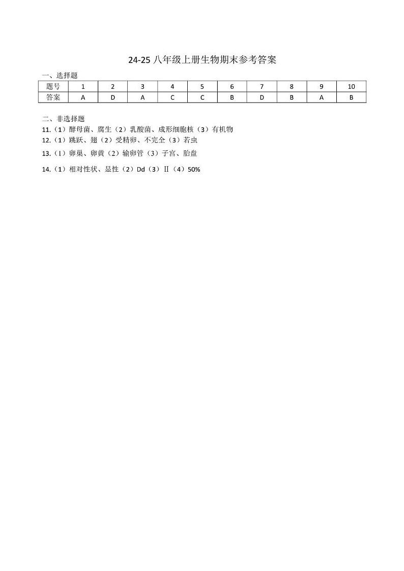 24-25八上生物期末参考答案第1页