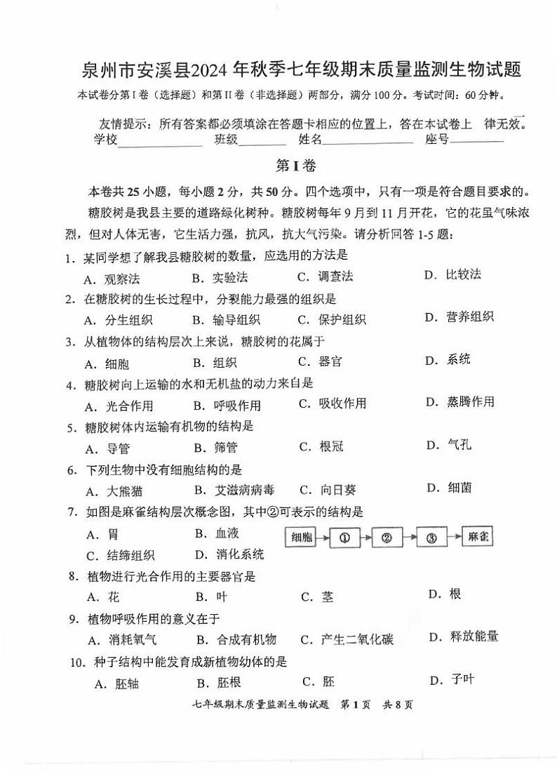 福建省泉州市安溪县2024-2025学年七年级上学期期末质量监测生物试题第1页