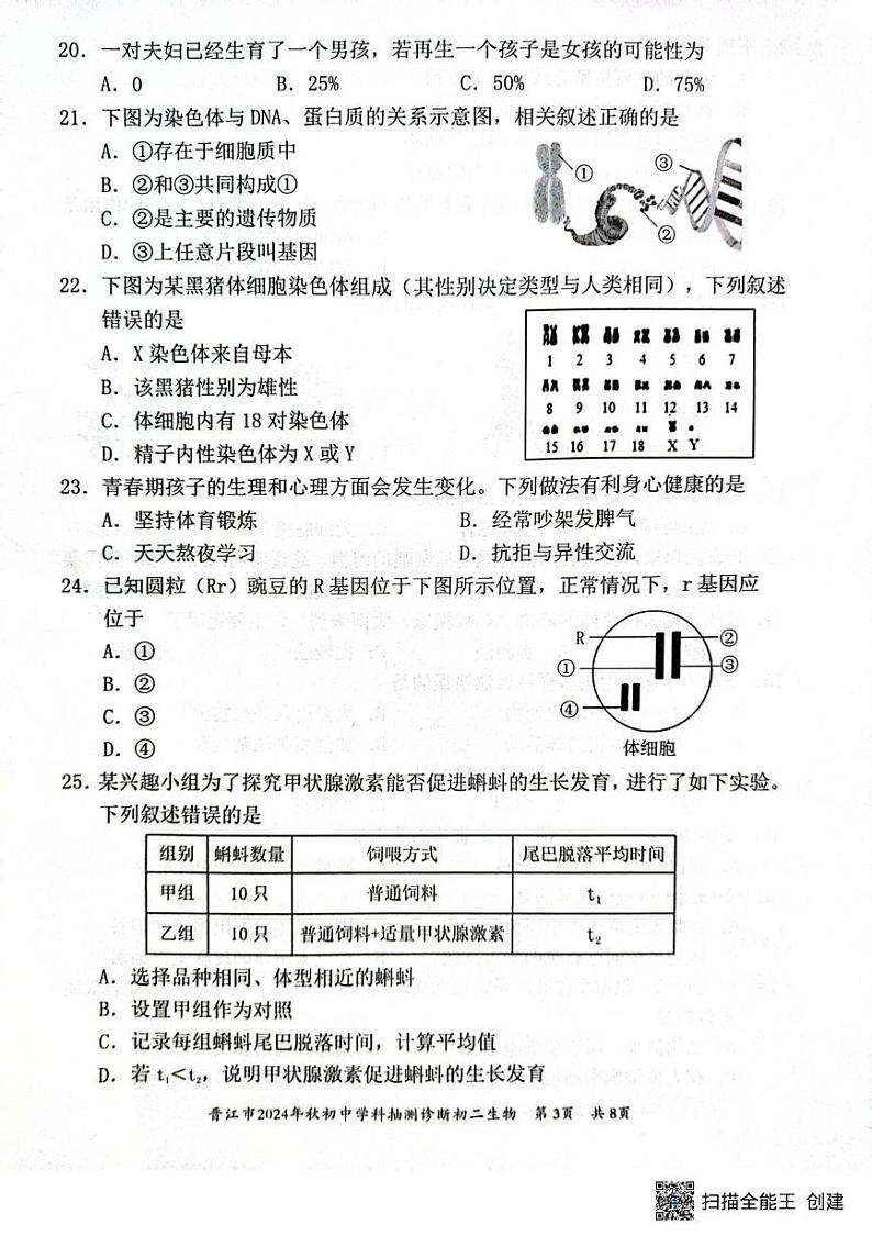 福建省泉州市晋江市2024-2025学年八年级上学期1月期末生物试题第3页