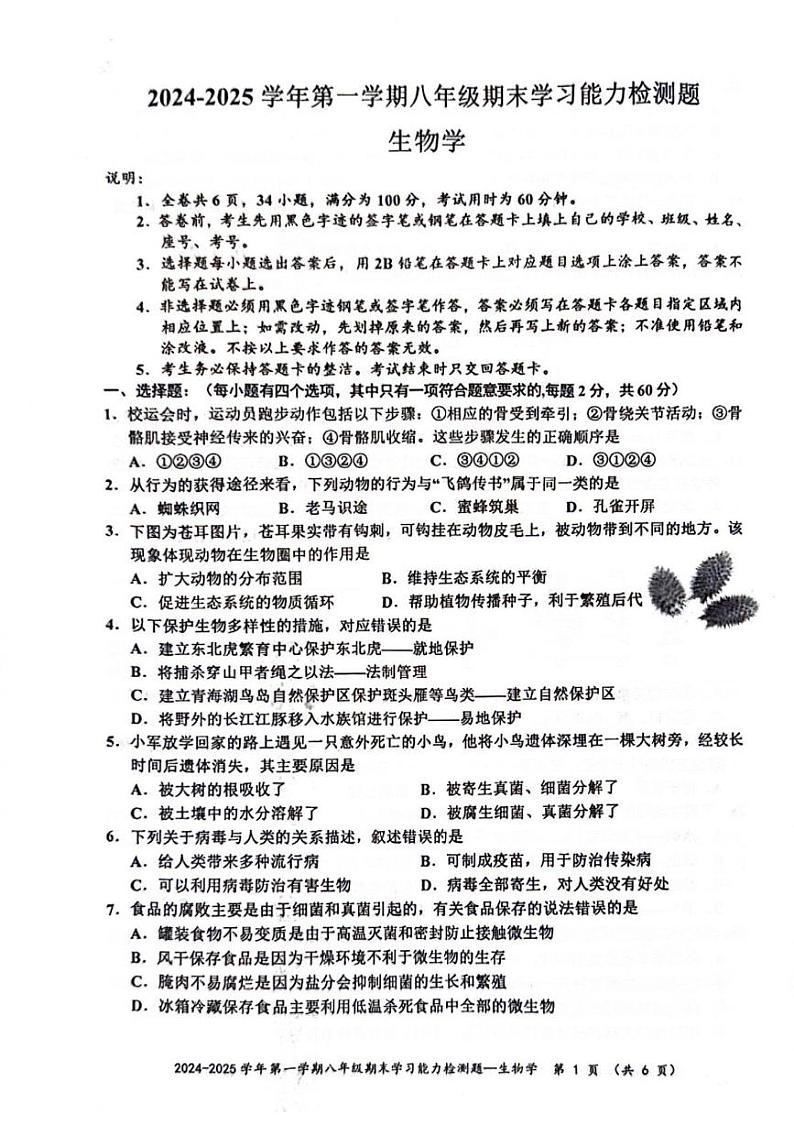 广东省梅州市五华县2024-2025学年八年级上学期1月期末生物试题第1页