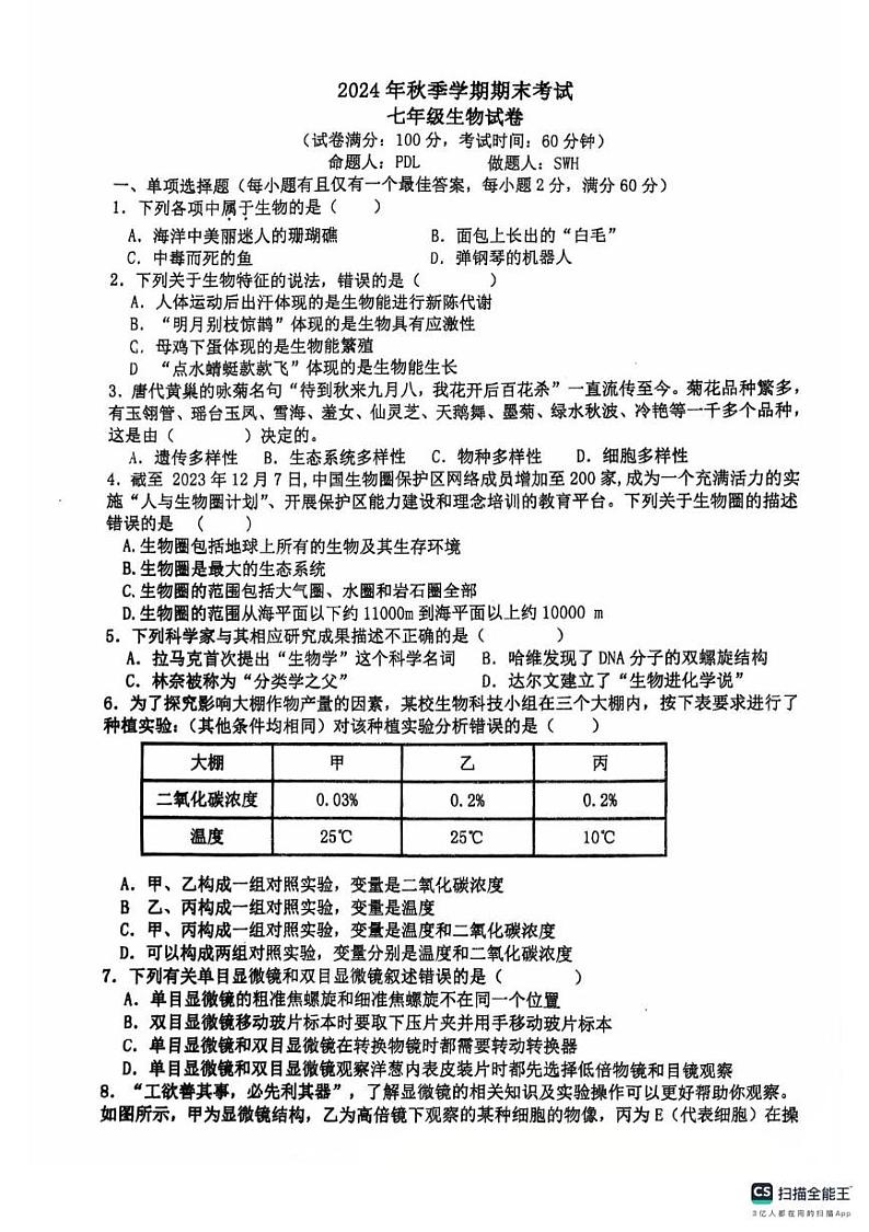 广东省湛江市霞山区2024-2025学年七年级上学期1月期末生物试题第1页