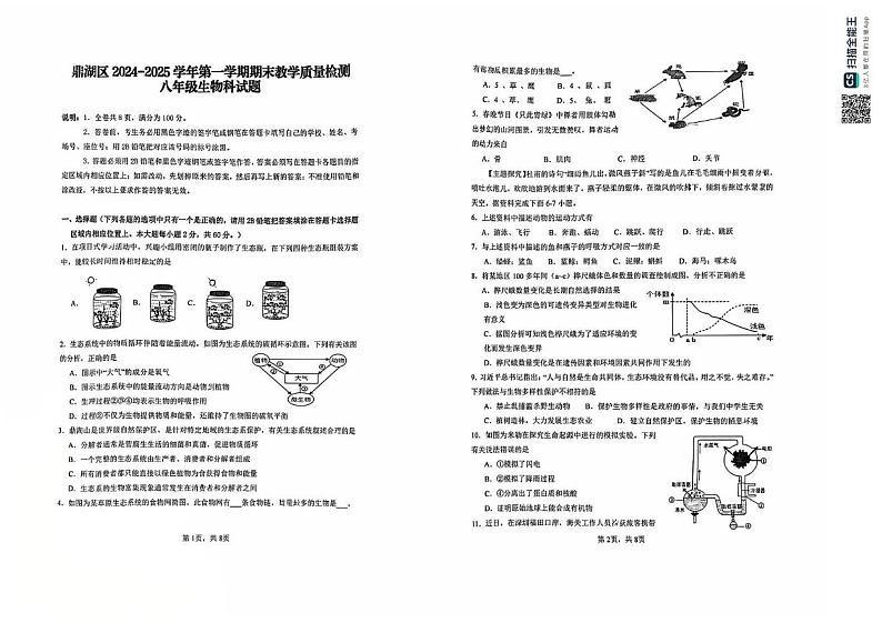广东省肇庆市鼎湖区2024-2025学年八年级上学期期末统考生物试题第1页