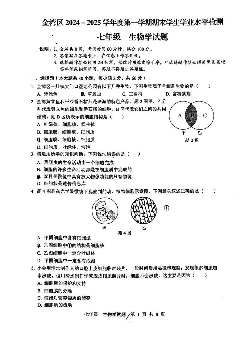 广东省珠海市金湾区2024-2025学年七年级上学期期末考试生物试卷第1页