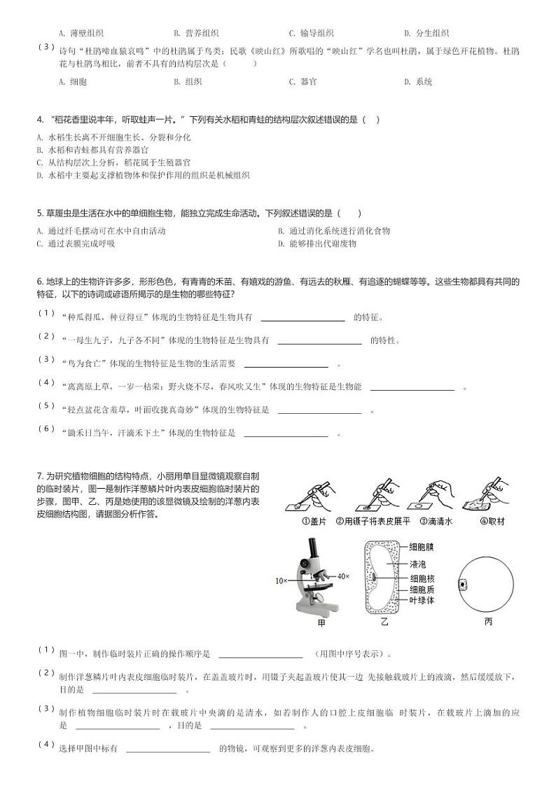 2024~2025学年湖北荆州初一(上)期中生物试卷(含解析)第2页