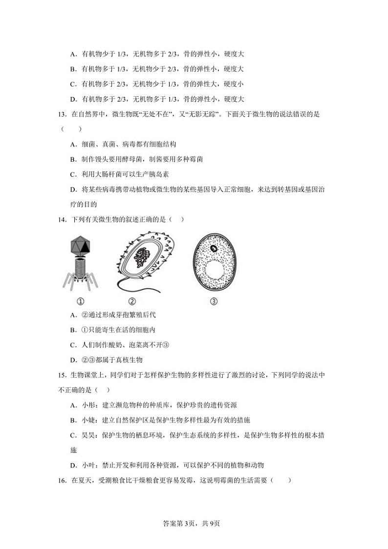 2024~2025学年贵州省毕节市金沙县中小学八年级上教学月考生物试卷(含答案)第3页