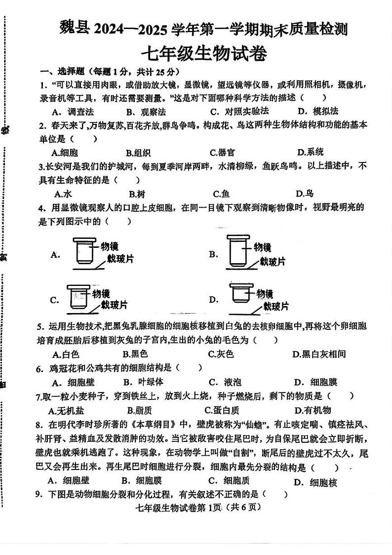 河北省邯郸市魏县2024-2025学年七年级上学期1月期末生物试卷第1页