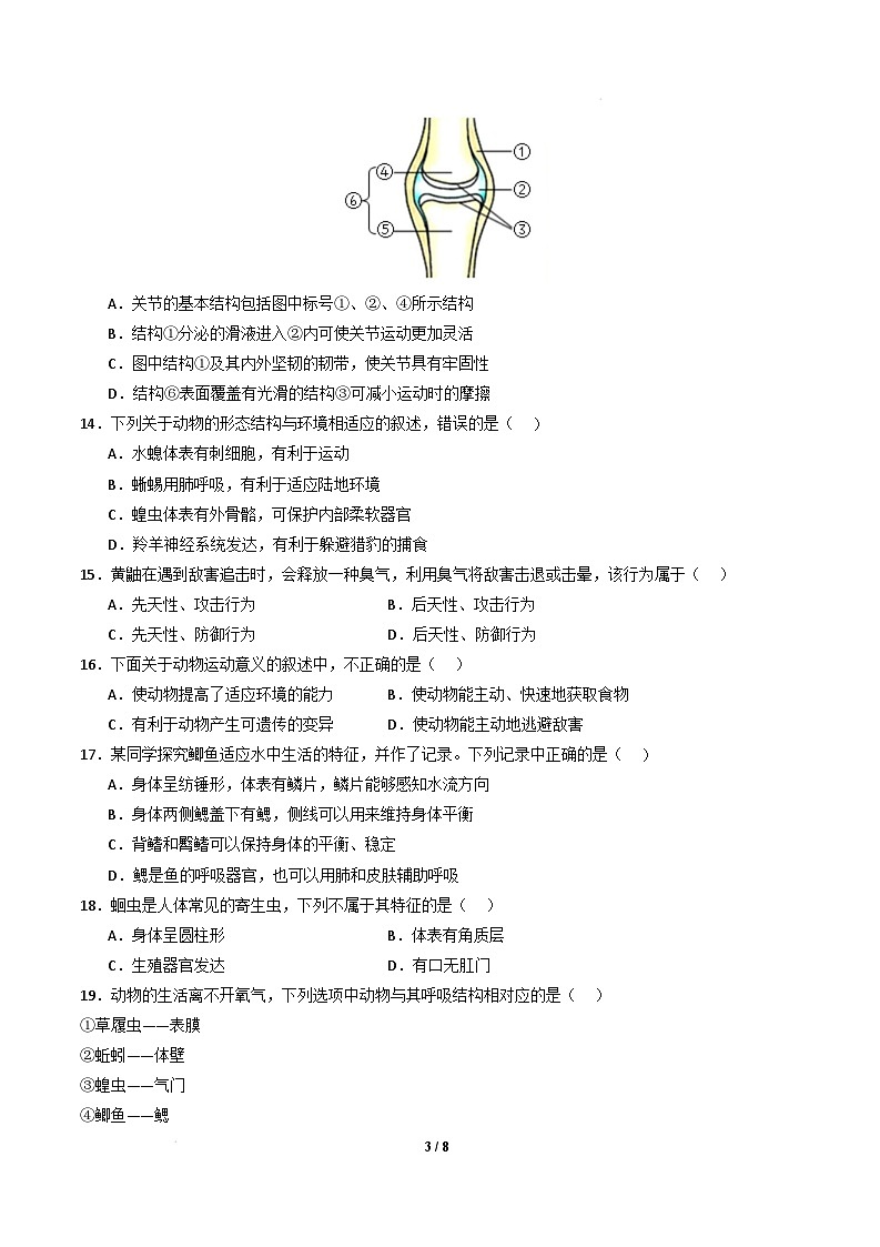 八年级生物开学摸底考(考试版)(北京专用)第3页