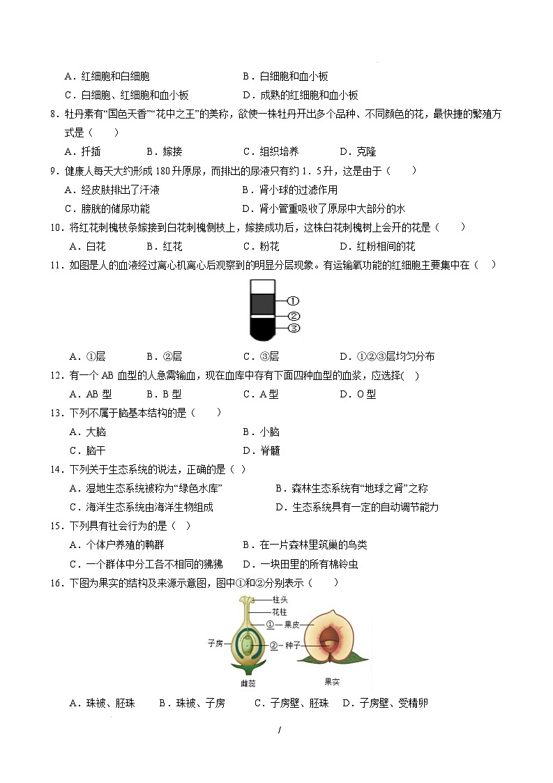 八年级生物开学摸底考(考试版)(无锡专用)第2页