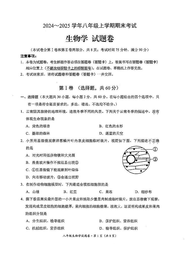 【07生物】昆明市西山区2024~2025 学年八年级上学期期末考试生物试卷(pdf原卷)第1页
