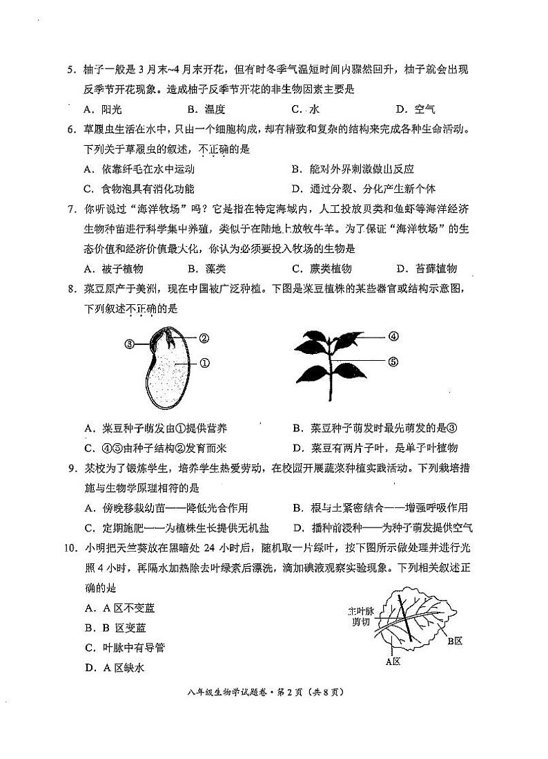 【07生物】昆明市西山区2024~2025 学年八年级上学期期末考试生物试卷(pdf原卷)第2页