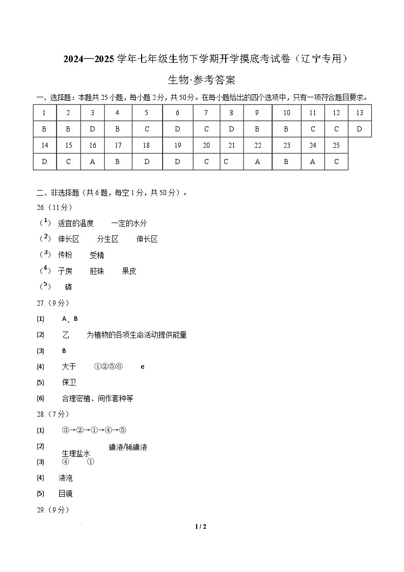 七年级生物开学摸底考(辽宁专用)(参考答案)第1页