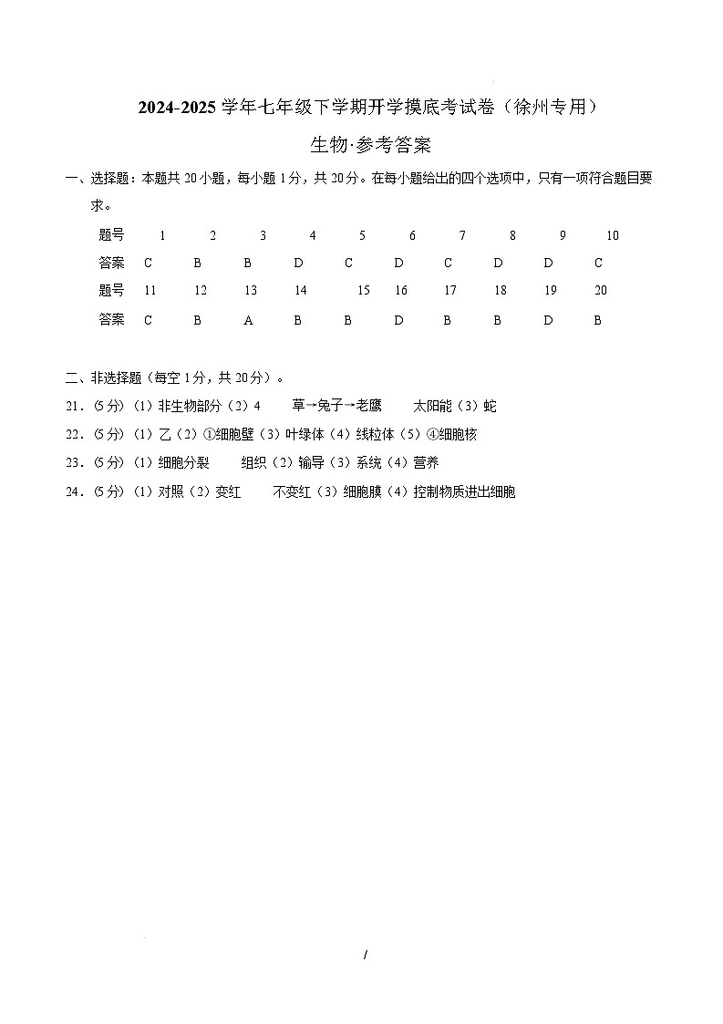 七年级生物开学摸底考(徐州专用)(参考答案)第1页
