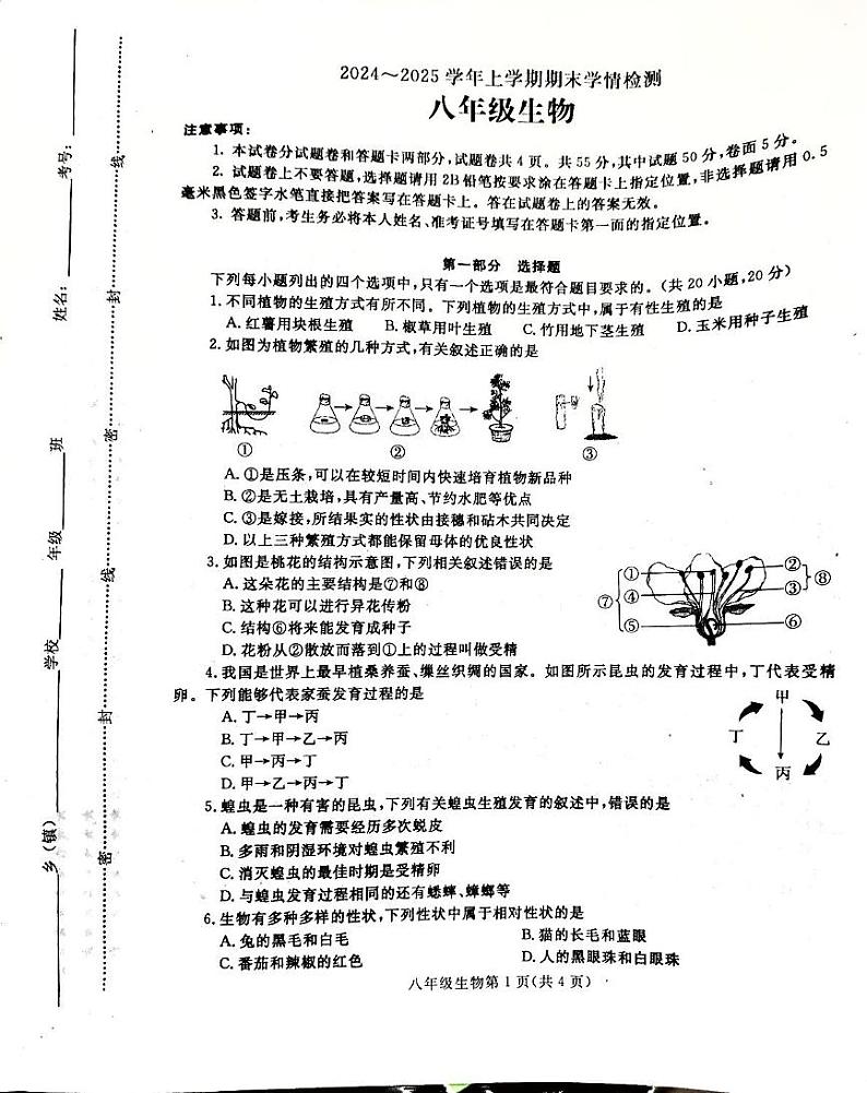河南省平顶山郏县2024-2025学年八年级上学期生物期末测试卷第1页