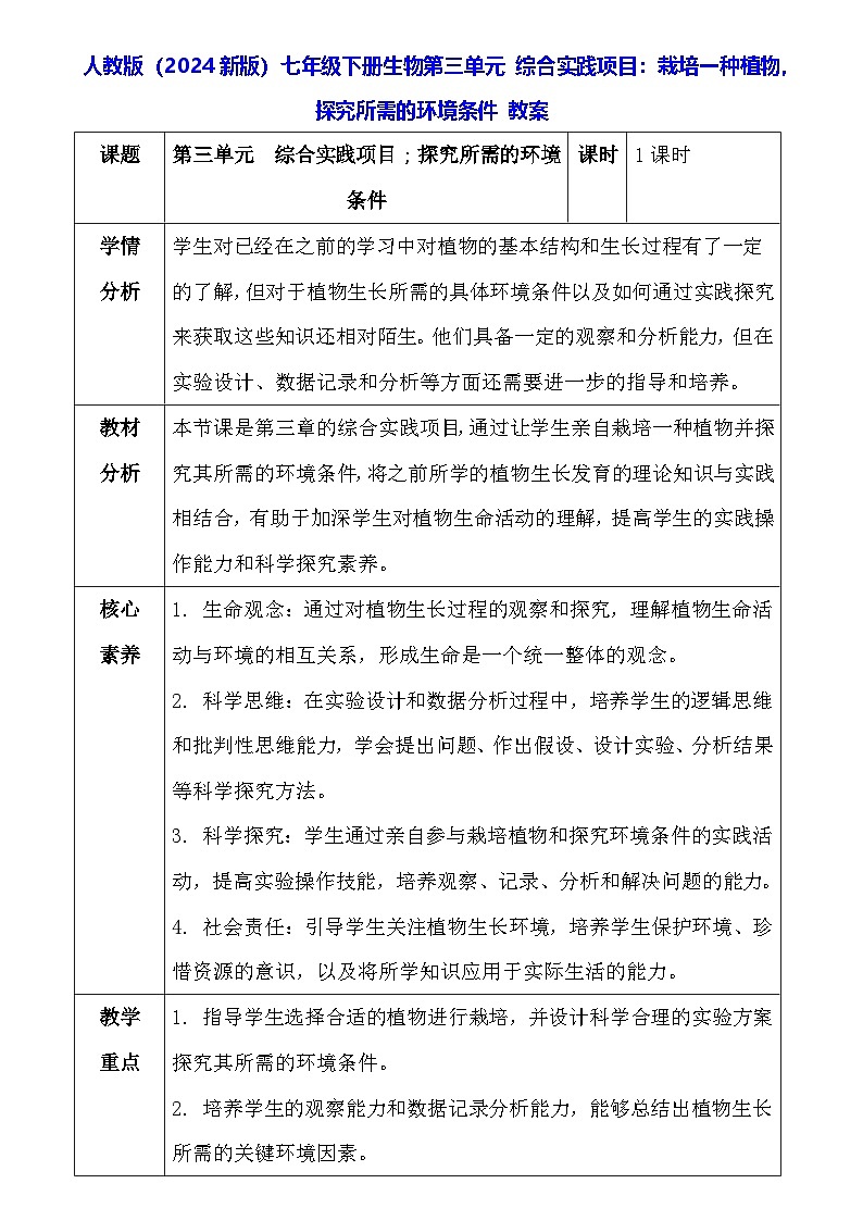 人教版(2024新版)七年级下册生物第三单元第二章 综合实践项目:栽培一种植物,探究所需的环境条件 教案第1页