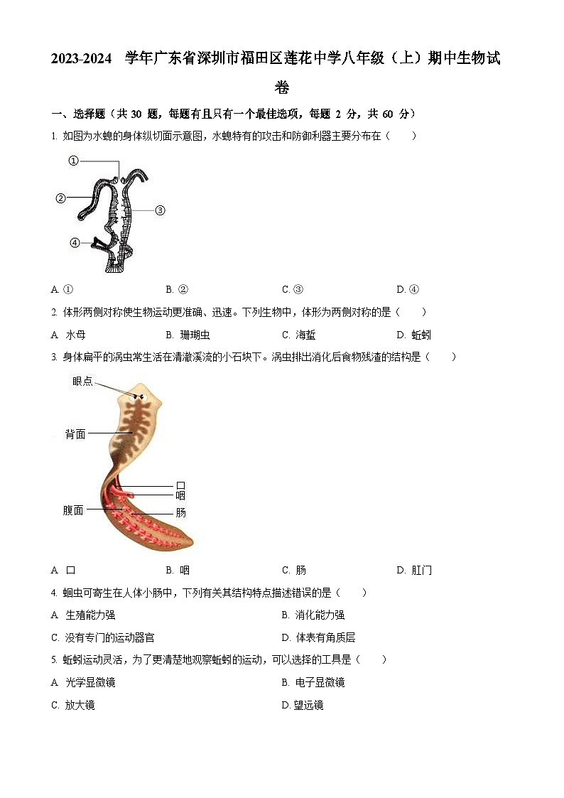 深圳市福田区莲花中学2023-2024学年八年级上学期期中生物试卷第1页