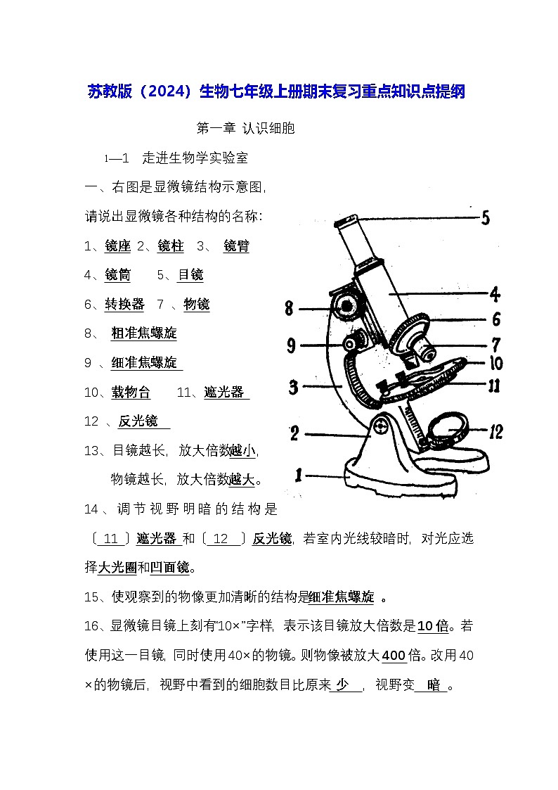 苏教版(2024)生物七年级上册期末复习重点知识点提纲 学案第1页