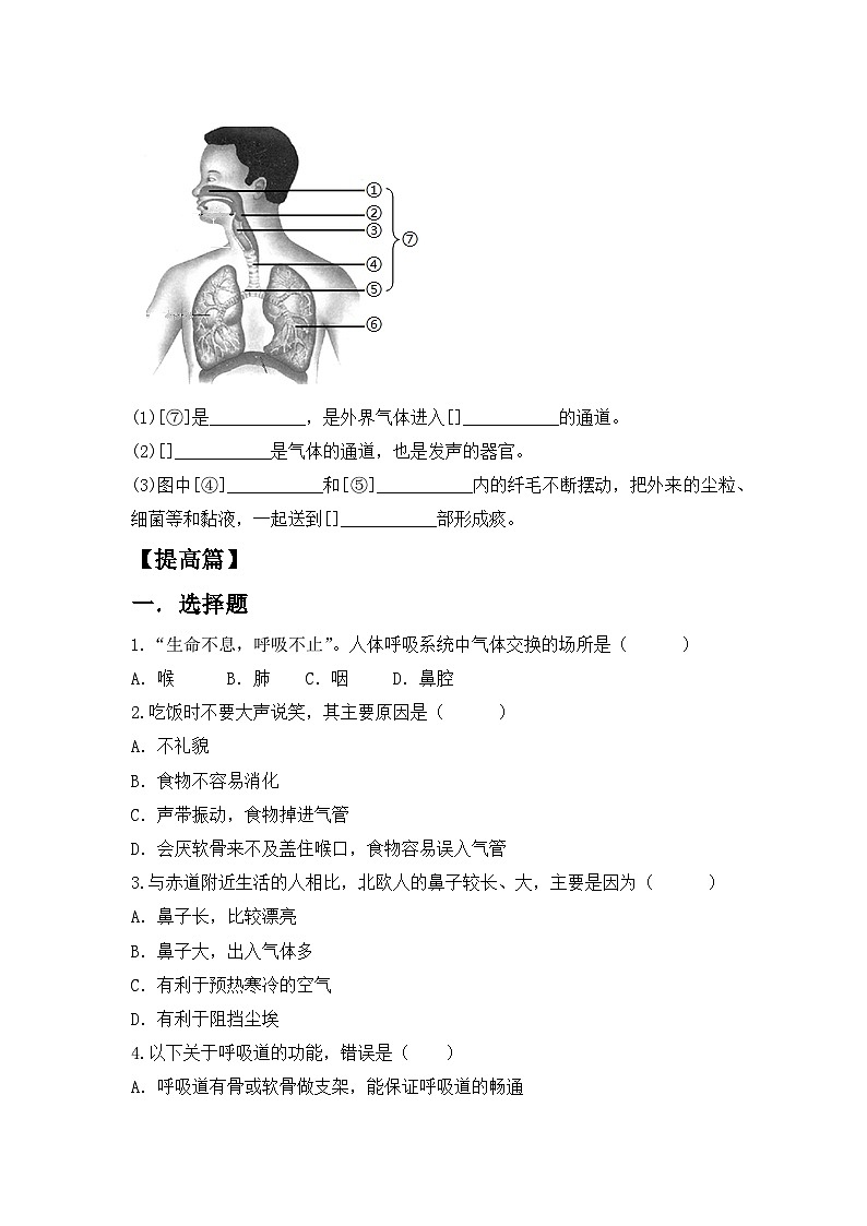 人教版初中生物七年级下册4.3.1《呼吸道对空气的处理》同步练习(含答案)第3页