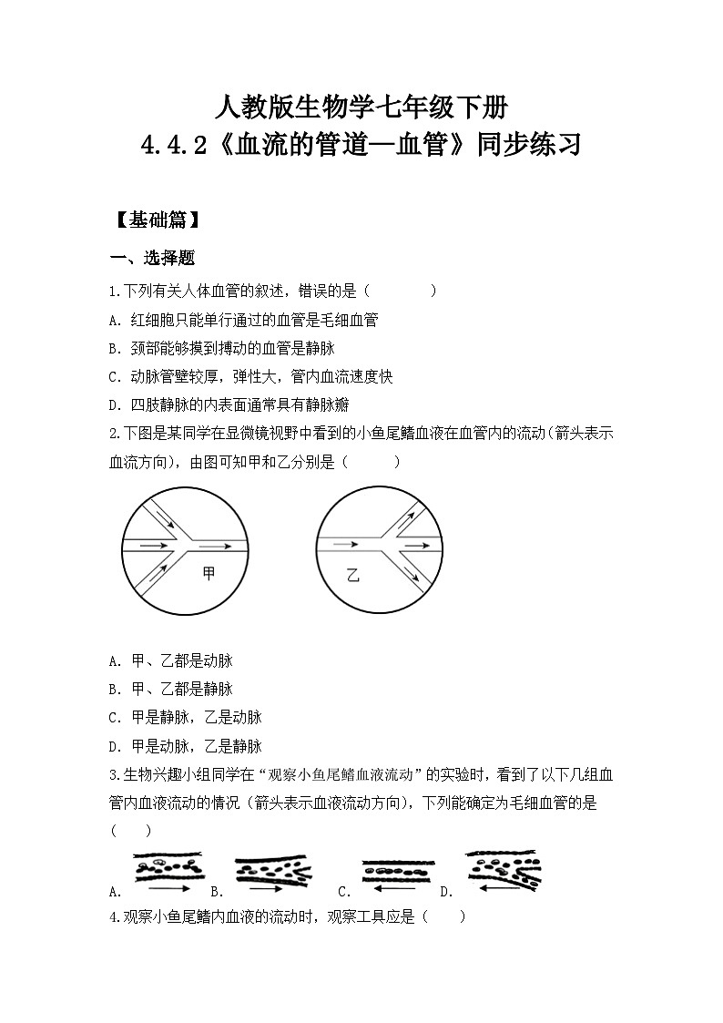 人教版初中生物七年级下册4.4.2《血流的管道—血管》同步练习(含答案)第1页
