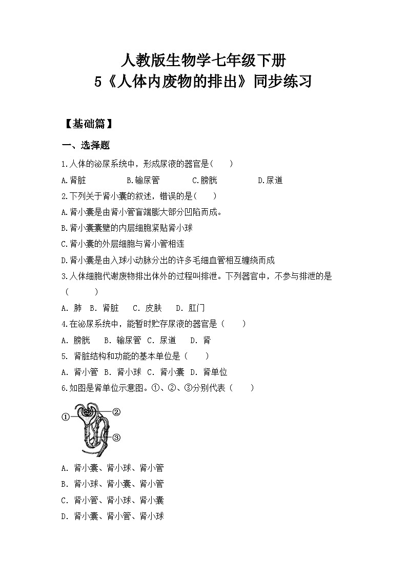 人教版初中生物七年级下册4.5《人体内废物的排出》同步练习(含答案)第1页