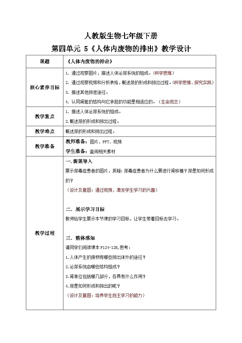 【核心素养目标】人教版初中生物七年级下册4.5《人体内废物的排出》教学设计第1页