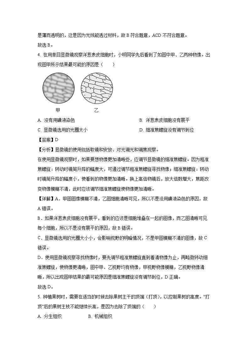 四川省泸州市泸县2024--2025学年七年级上学期期末生物试卷(解析版)第3页