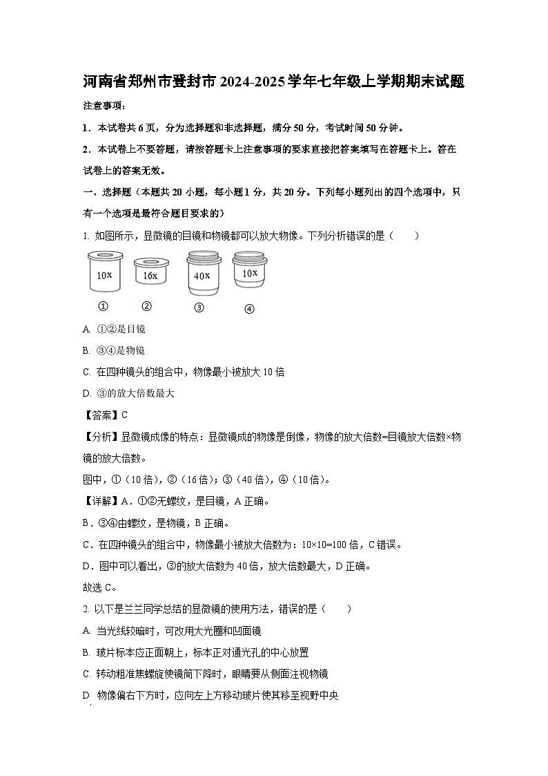 河南省郑州市登封市2024-2025学年七年级上学期期末生物试卷(解析版)第1页