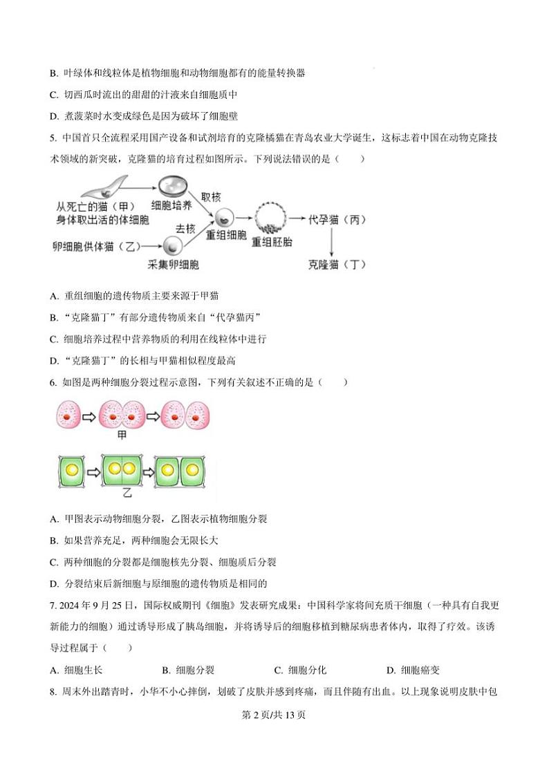 2024~2025学年河北省保定市竞秀区七年级上期末生物试卷(含答案)第2页