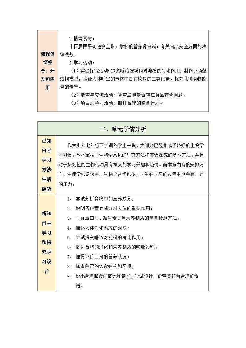【大单元整体教学设计】北师大版版生物七下 第6章 人体的营养 单元教学设计第3页