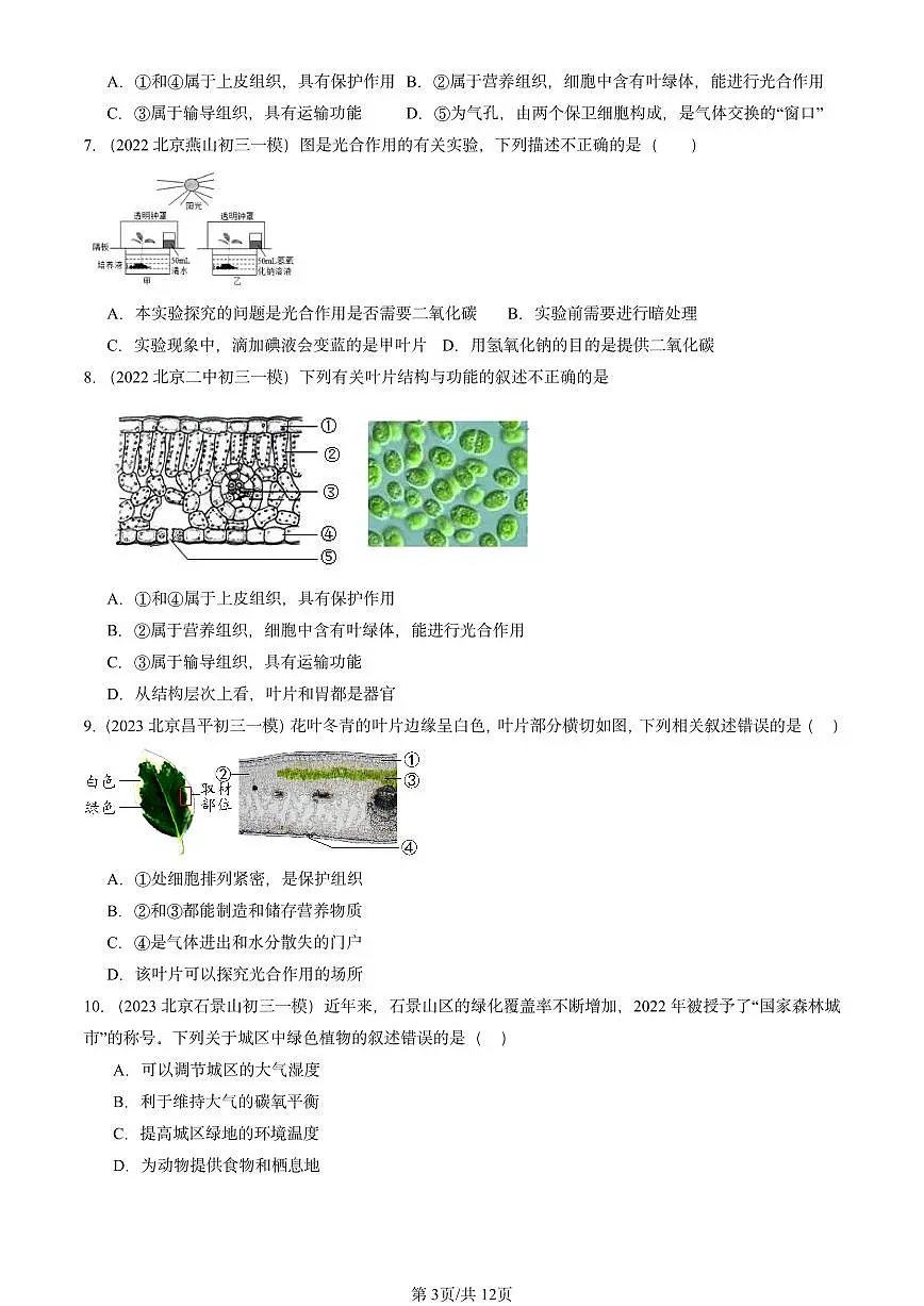 2022-2024北京初三中考一模生物汇编:绿色植物的光合作用(京改版)第3页
