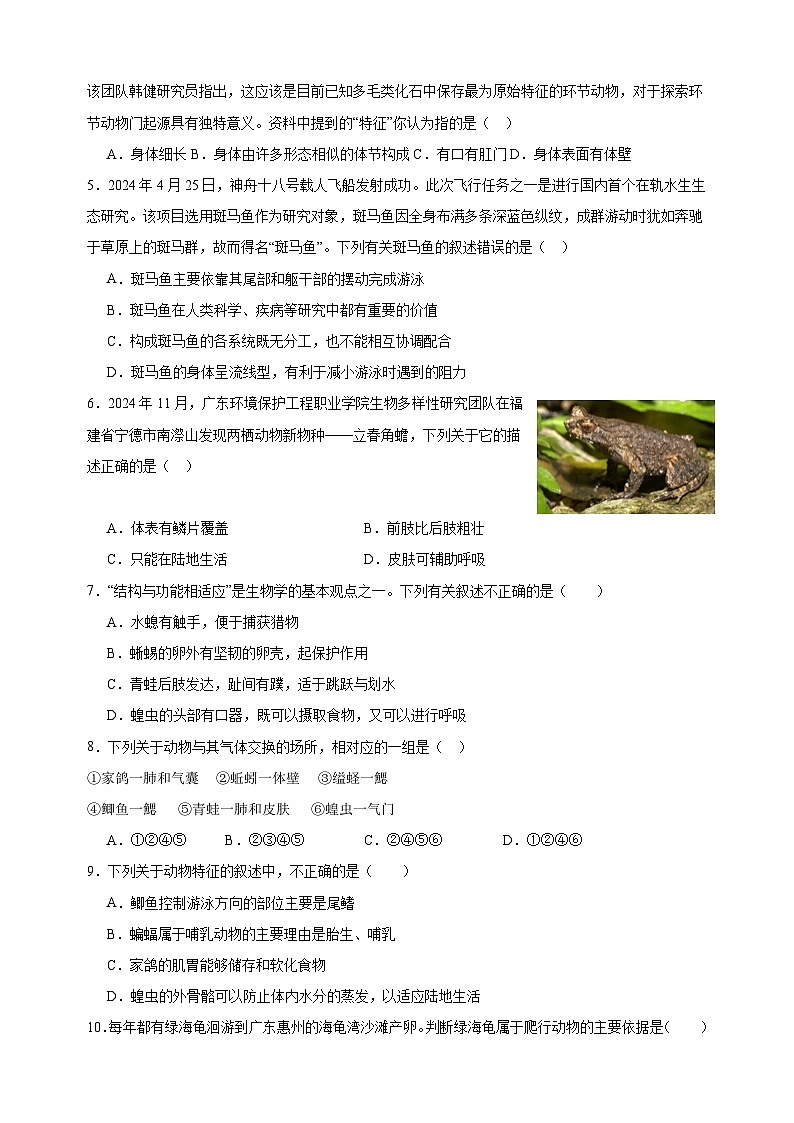 2024-2025学年七年级生物下册第8章《动物的主要类群》检测卷(苏科版2024新教材)第2页