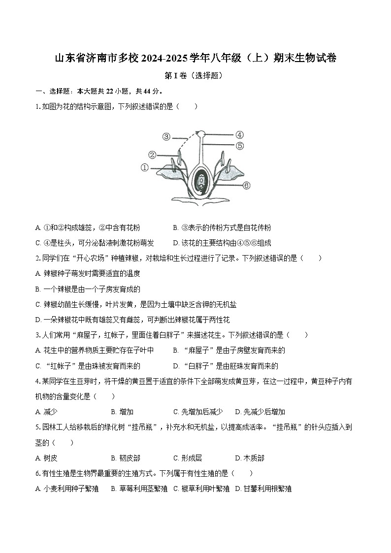 山东省济南市多校2024-2025学年八年级(上)期末生物试卷第1页