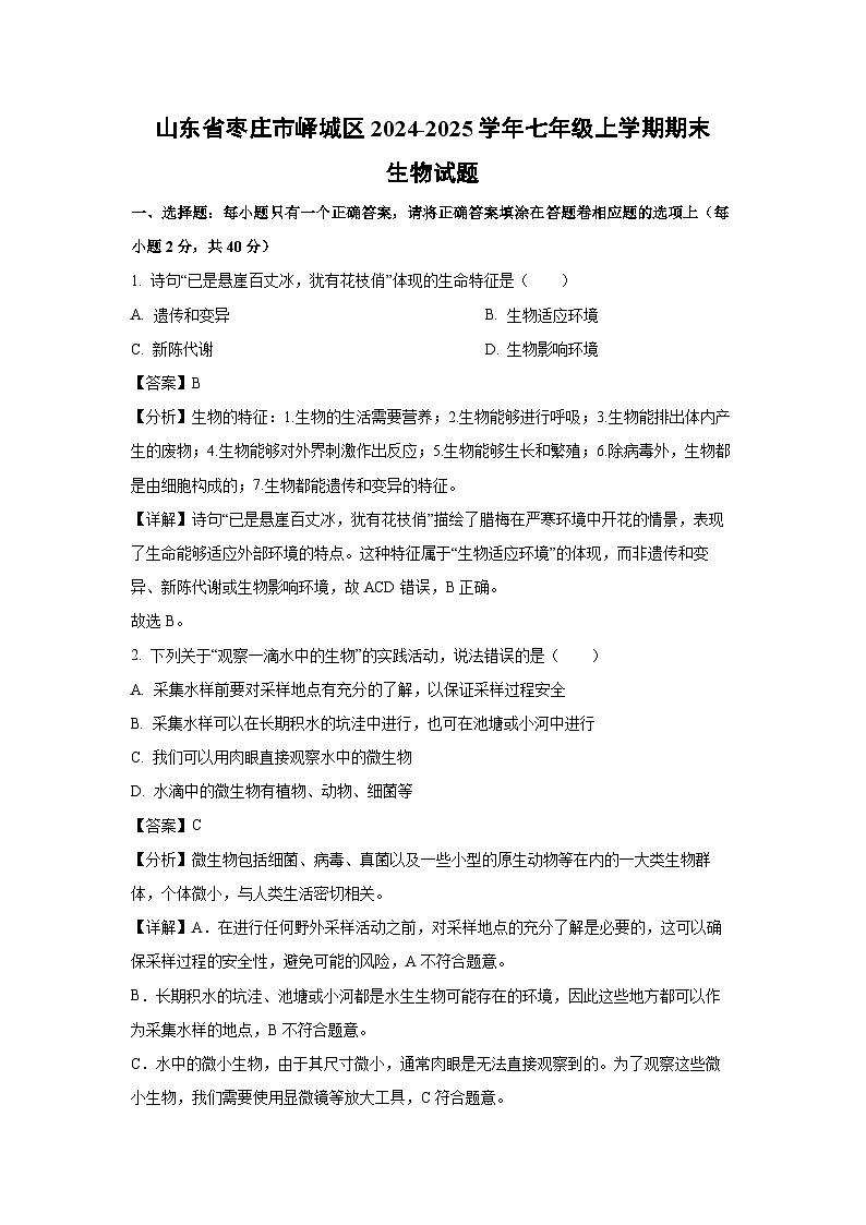 山东省枣庄市峄城区2024-2025学年七年级上学期期末生物生物试卷(解析版)第1页