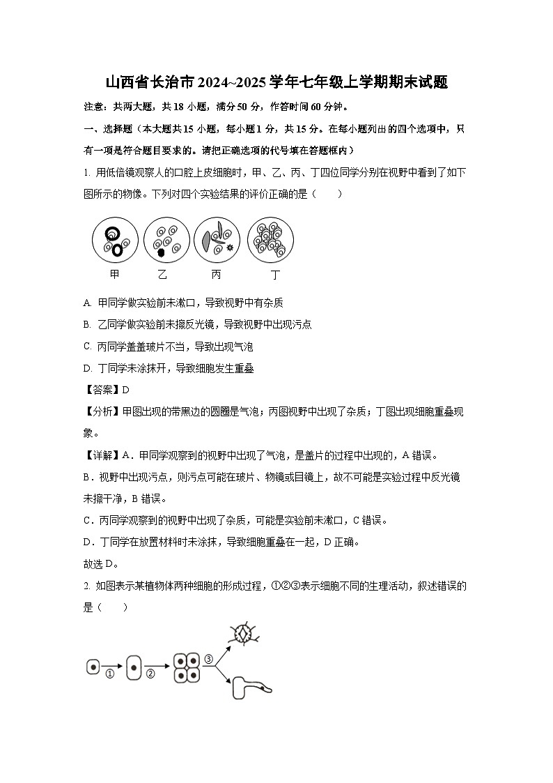 山西省長治市2024~2025學年七年級上學期期末生物試卷（解析版）第1頁