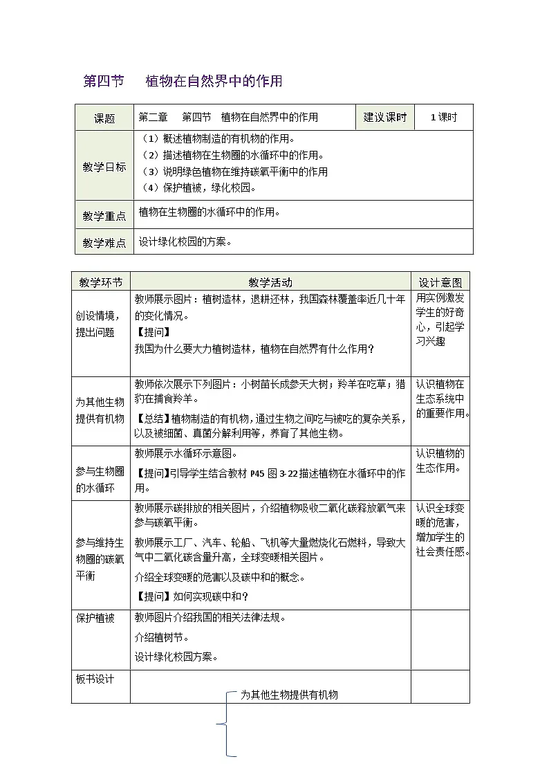 3.2.4植物在自然界中的作用教案(表格式)人教版(2024)生物七年级下册第1页