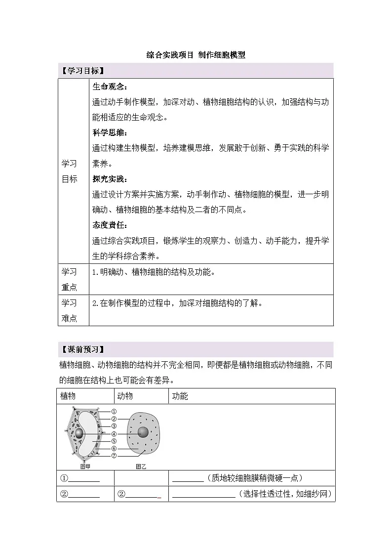 新人教版生物七上 1-3《综合实践项目 制作细胞模型》导学案第1页