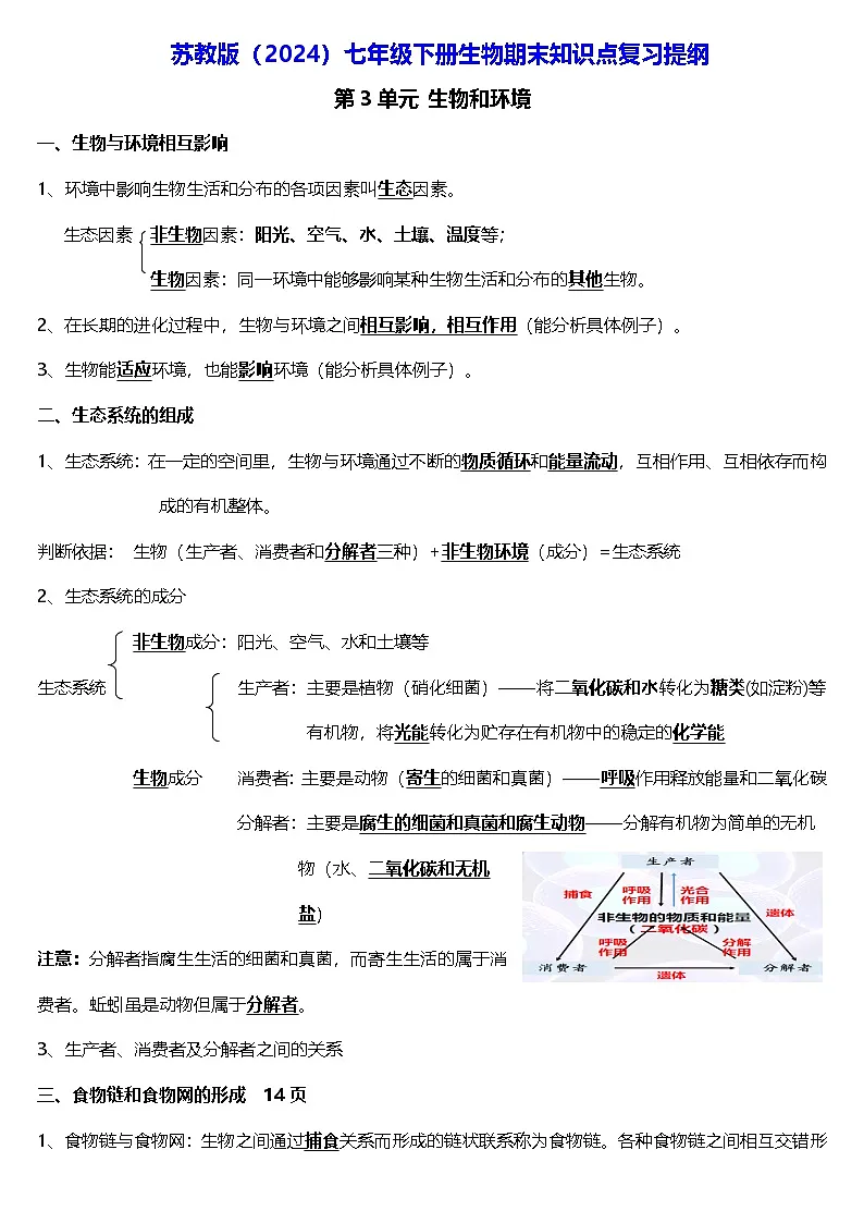 苏教版(2024)七年级下册生物期末知识点复习提纲 学案第1页