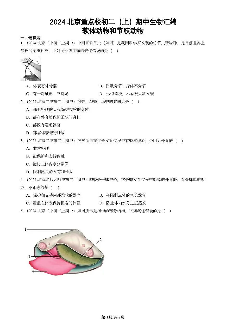 2024北京重点校初二(上)期中真题生物汇编:软体动物和节肢动物第1页