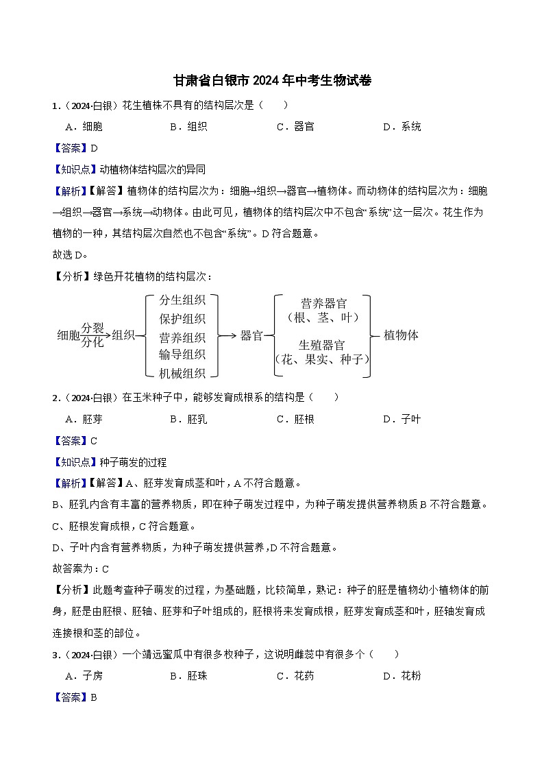 甘肅省白銀市2024年中考生物試卷(教師版)第1頁