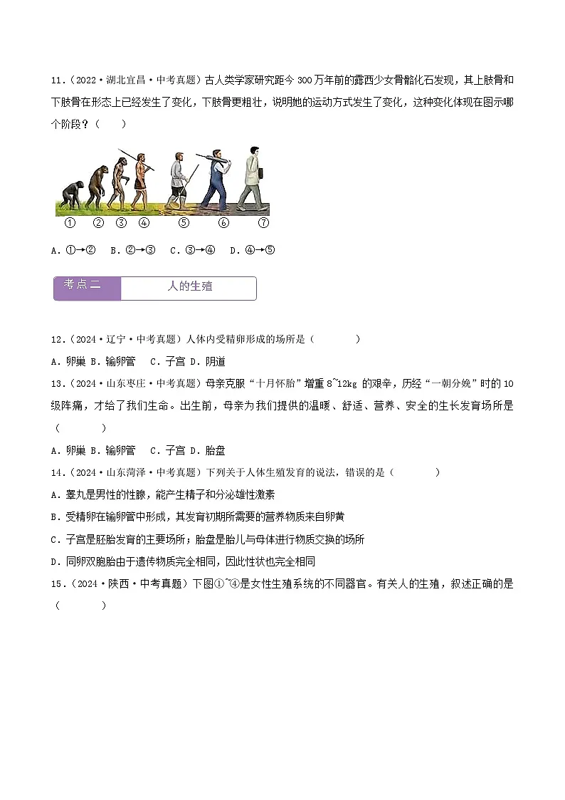 2022--2024年中考生物真题分类汇编-专题06 人的由来(原卷版)第3页