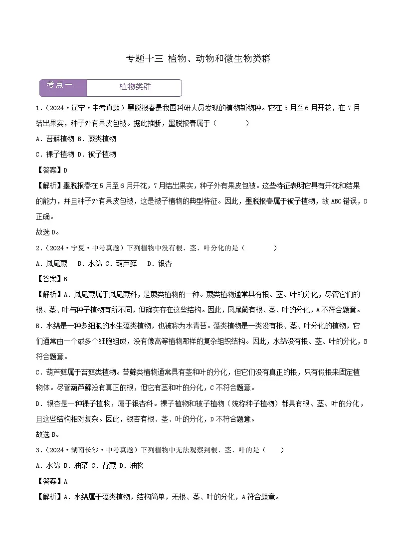 2022--2024年中考生物真题分类汇编-专题13 植物、动物和微生物类群(解析版)第1页