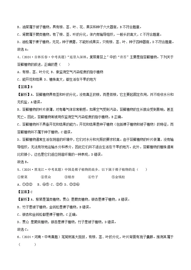 2022--2024年中考生物真题分类汇编-专题13 植物、动物和微生物类群(解析版)第2页