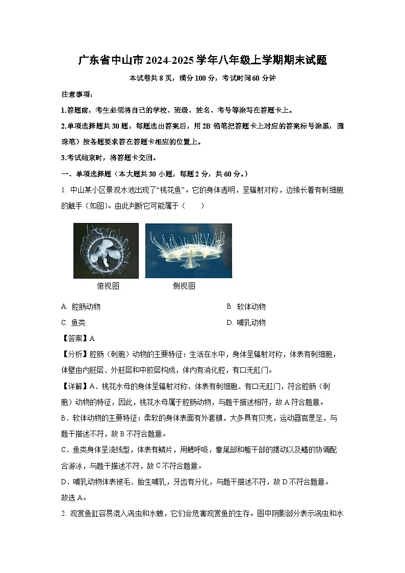2024~2025学年广东省中山市八年级上学期期末生物试卷(解析版)第1页