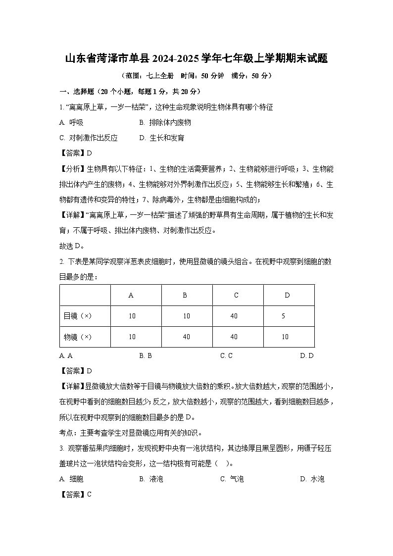 2024~2025学年山东省菏泽市单县七年级上学期期末生物试卷(解析版)第1页